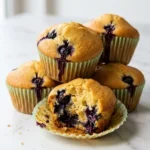 Saftige Blaubeer-Muffins frisch gebacken — hohe, goldbraune Heidelbeermuffins in grünen Papierförmchen auf weißem Marmor
