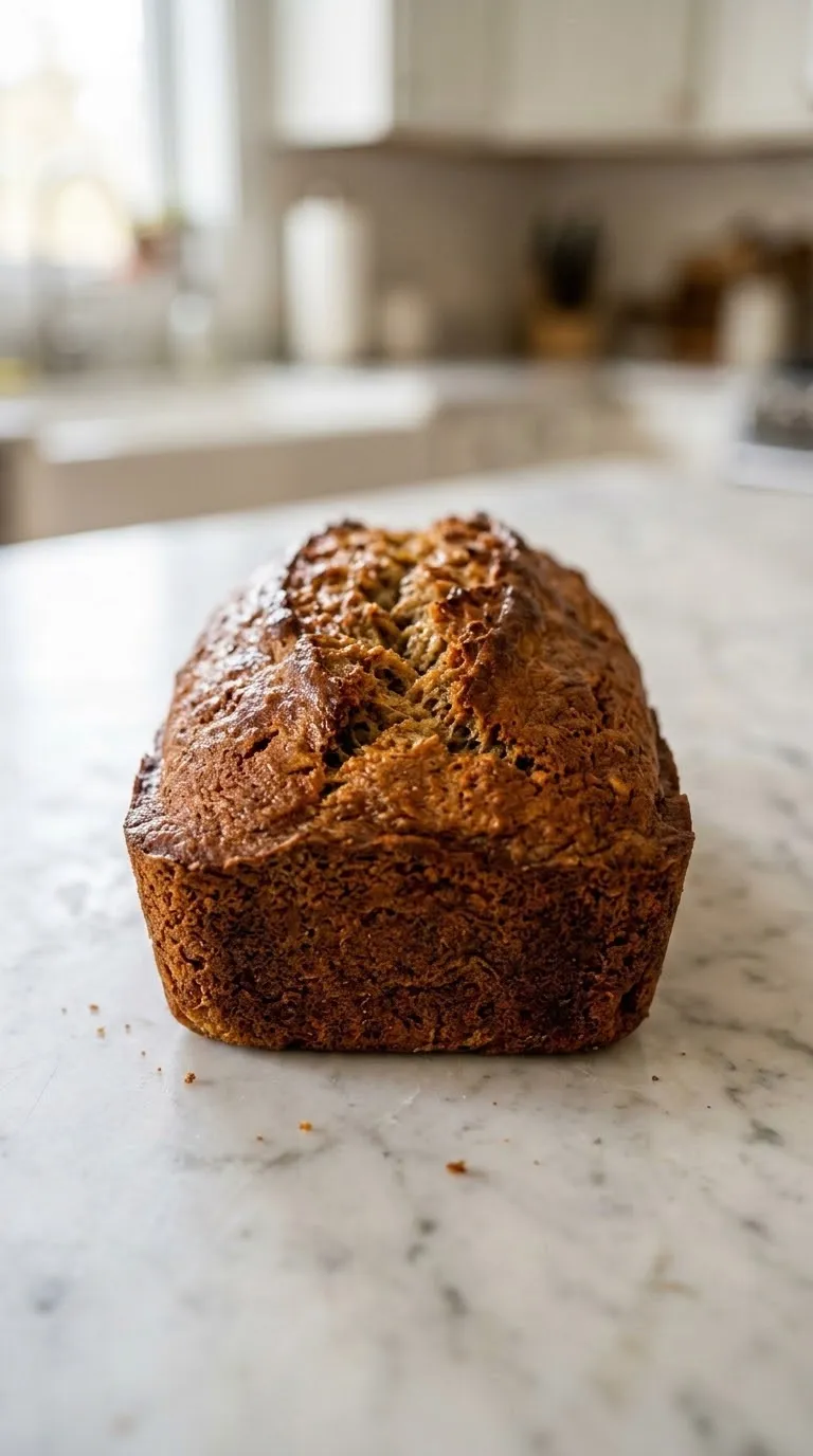 Sauerteig-Bananenbrot frisch gebacken aus der Froschperspektive — plastische, ansprechende Ansicht des saftigen Rührkuchens.