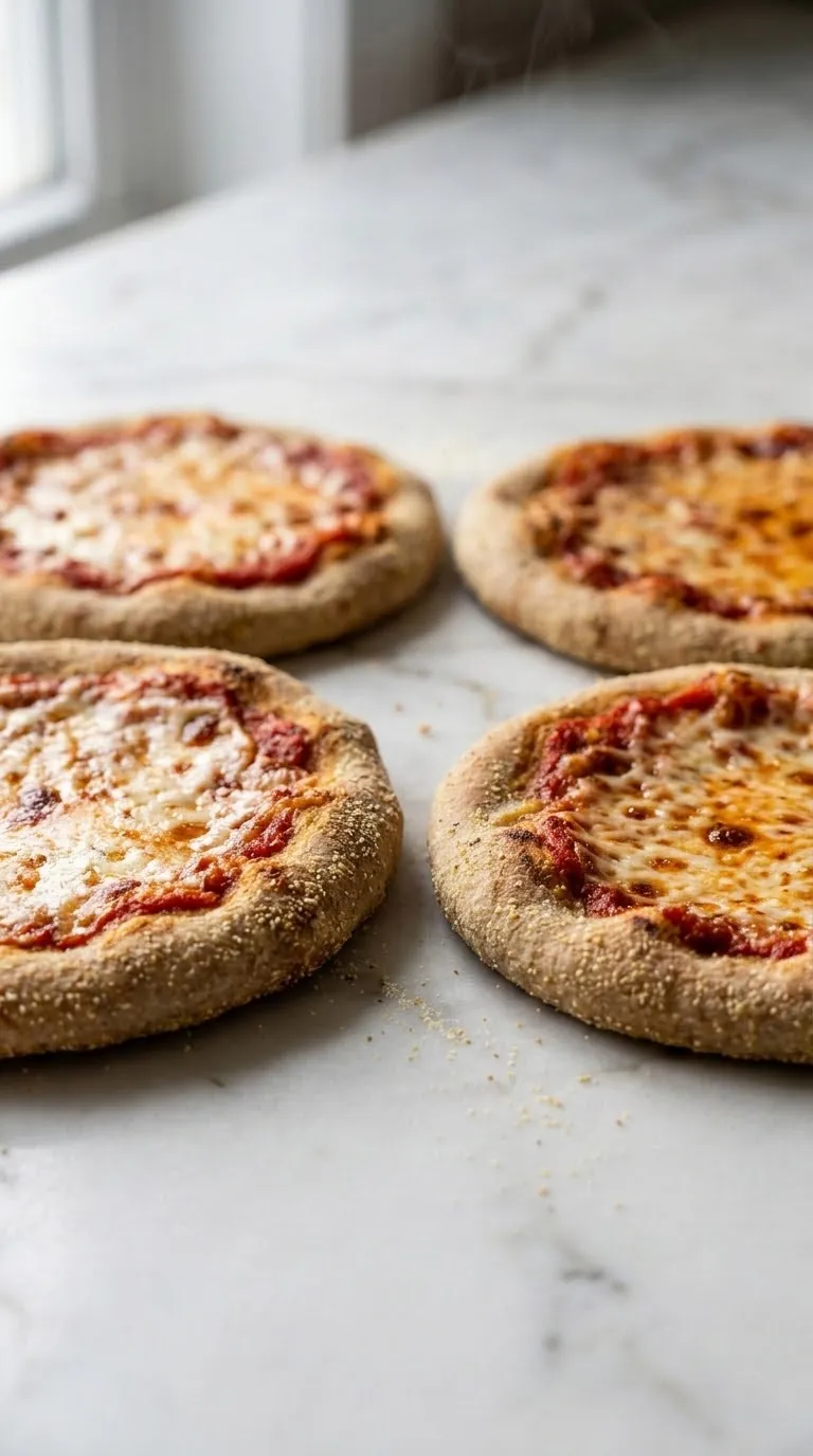 Sauerteig-Pizza frisch gebacken aus der Froschperspektive — plastische und ansprechende Ansicht der runden Steinofen-Pizza.