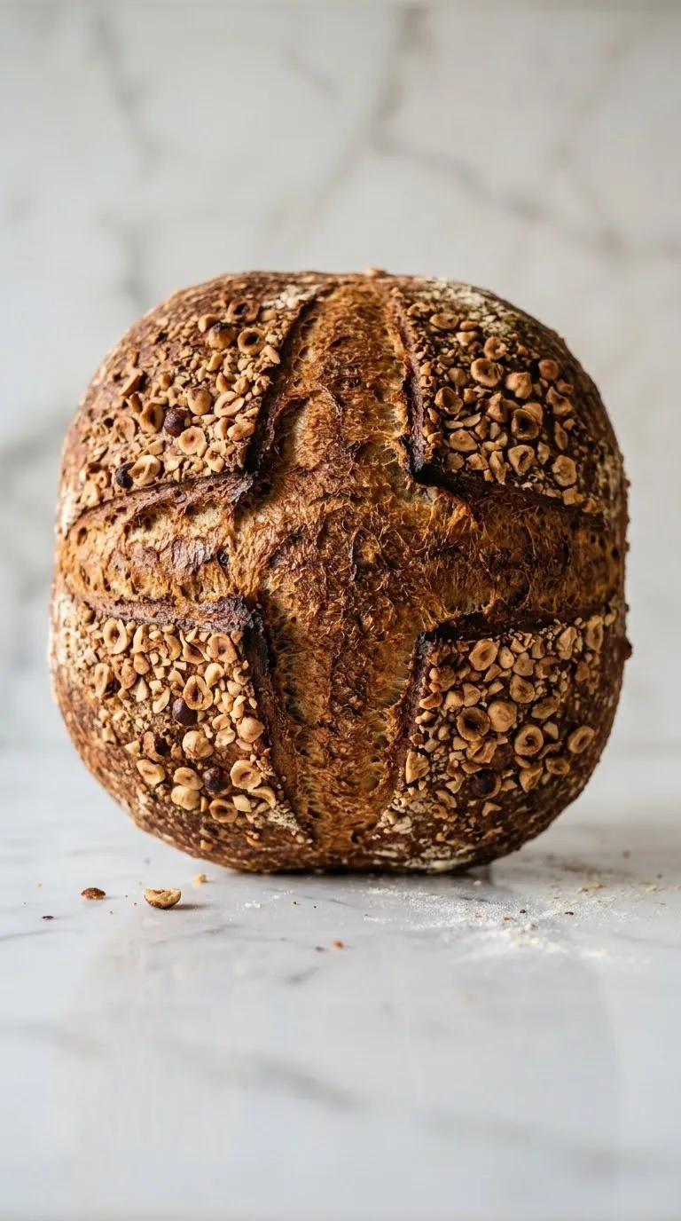 Haselnussbrot frisch gebacken aus der Froschperspektive — plastische, kraftvolle Nahansicht des runden Sauerteigbrotes.