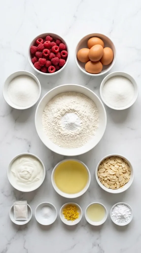 Zutaten für schnellen Himbeerkuchen: Mehl, Backpulver, frische Himbeeren, Eier, Zucker, Naturjoghurt, Öl und Mandeln auf Marmor.