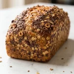 Sechskornbrot frisch gebacken — rustikales, dunkles Körnerbrot überstreut mit viel Roggenschrot auf weißem Marmor.