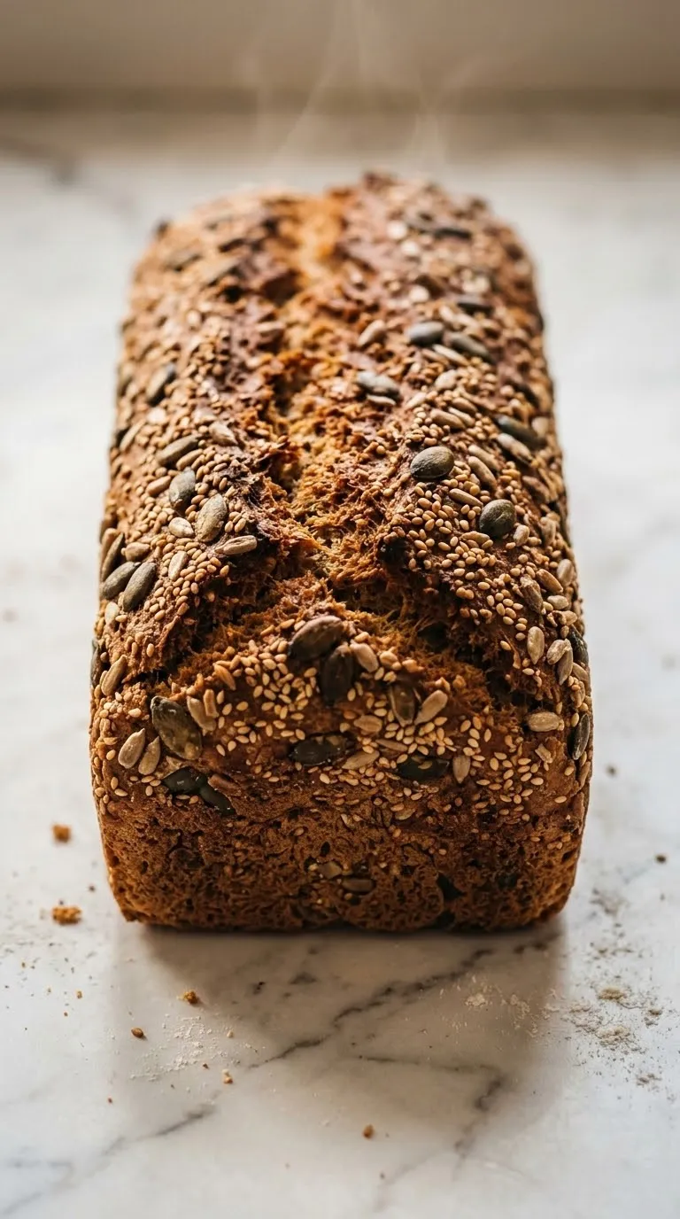 Basisches glutenfreies Brot frisch gebacken aus der Froschperspektive — plastische, kraftvolle Nahansicht des ehrlichen Saatenbrotes.