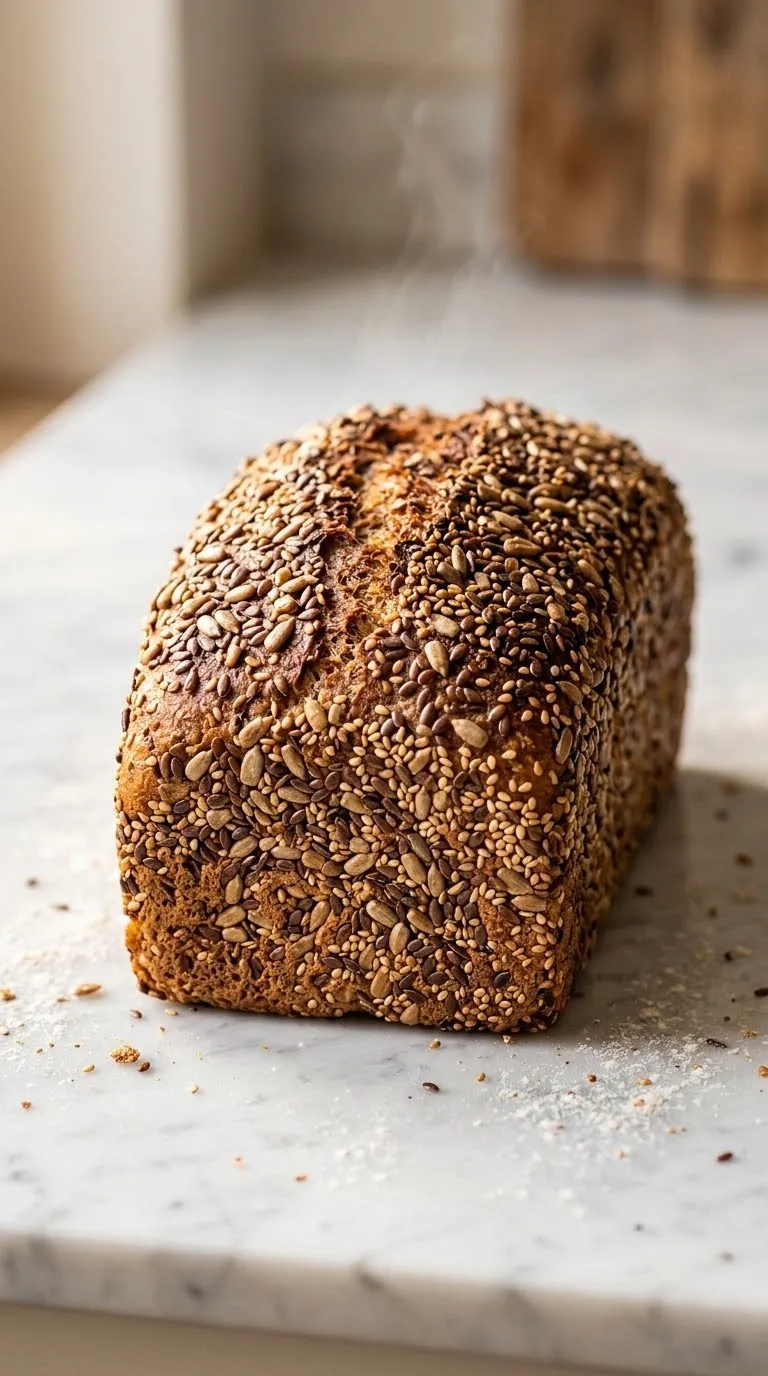 Dinkel-Buchweizen-Brot frisch gebacken aus der Froschperspektive — plastische und ansprechende Nahansicht des ehrlichen Kastenbrotes.