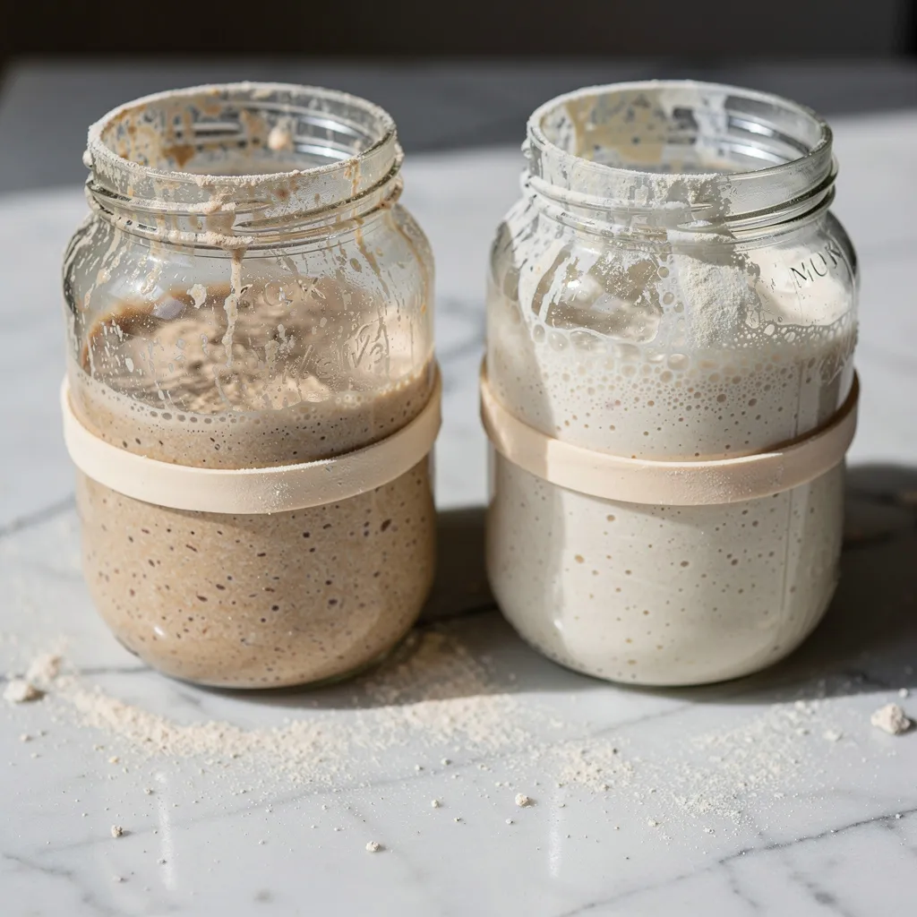 Aktive Sauerteig-Gärgläser aus der Froschperspektive mit sichtbaren Bläschen.