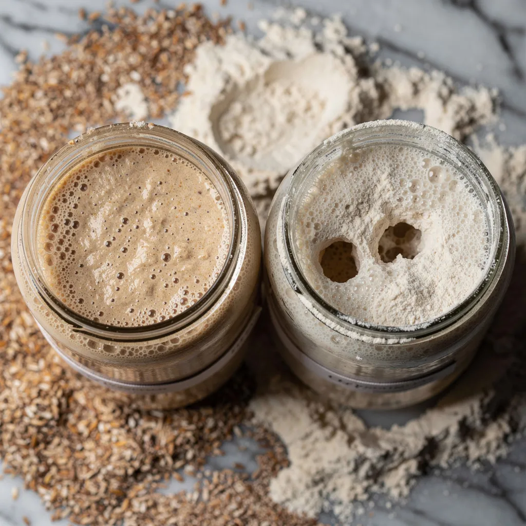 Nahaufnahme von Sauerteigansatz — kleine Fermentationsbläschen und poröse Teigstruktur im Glas.