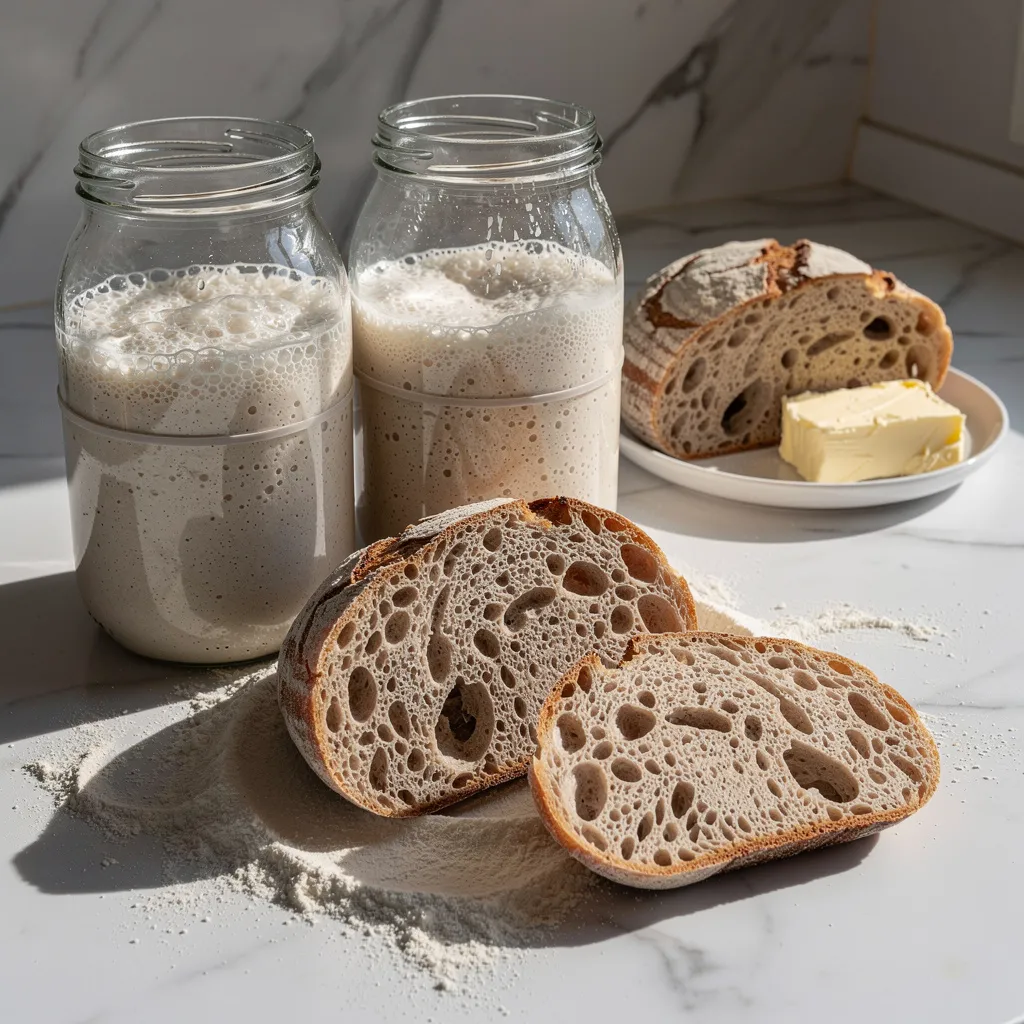 Sauerteigansatz im Glas serviert mit frisch gebackenem Sauerteigbrot und Butter.