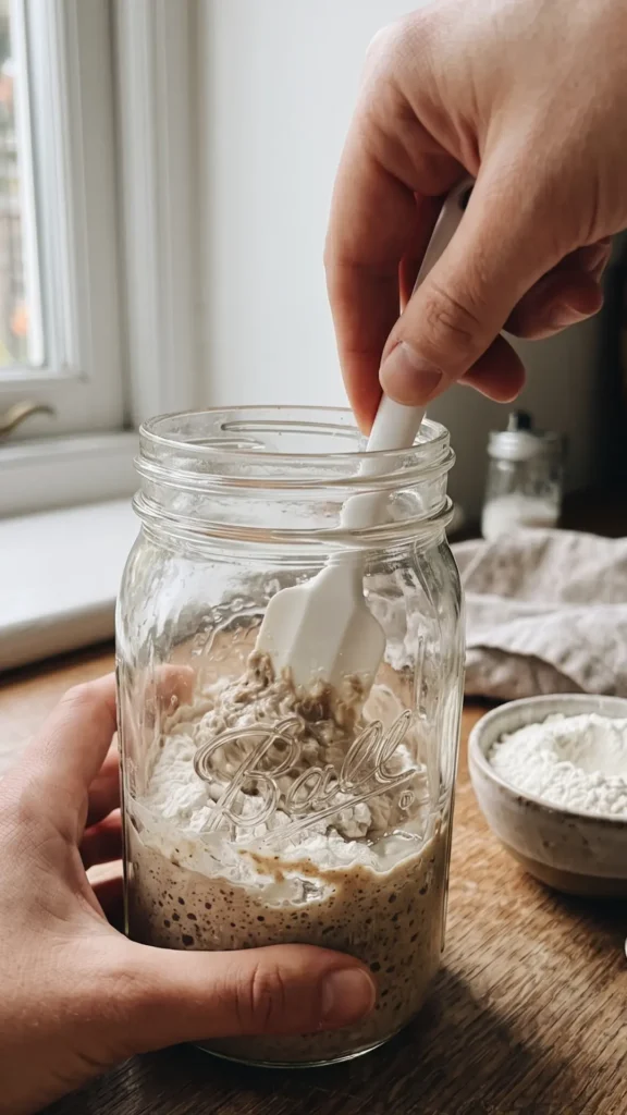 Einrühren von neuem Mehl und Wasser in das Anstellgut zum Umzüchten des Sauerteigs.