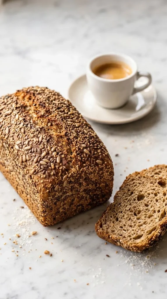 Dinkel-Buchweizen-Brot serviert mit Espresso — eine abgeschnittene, saftige Brotscheibe offenbart das dichte Korngefüge von innen.