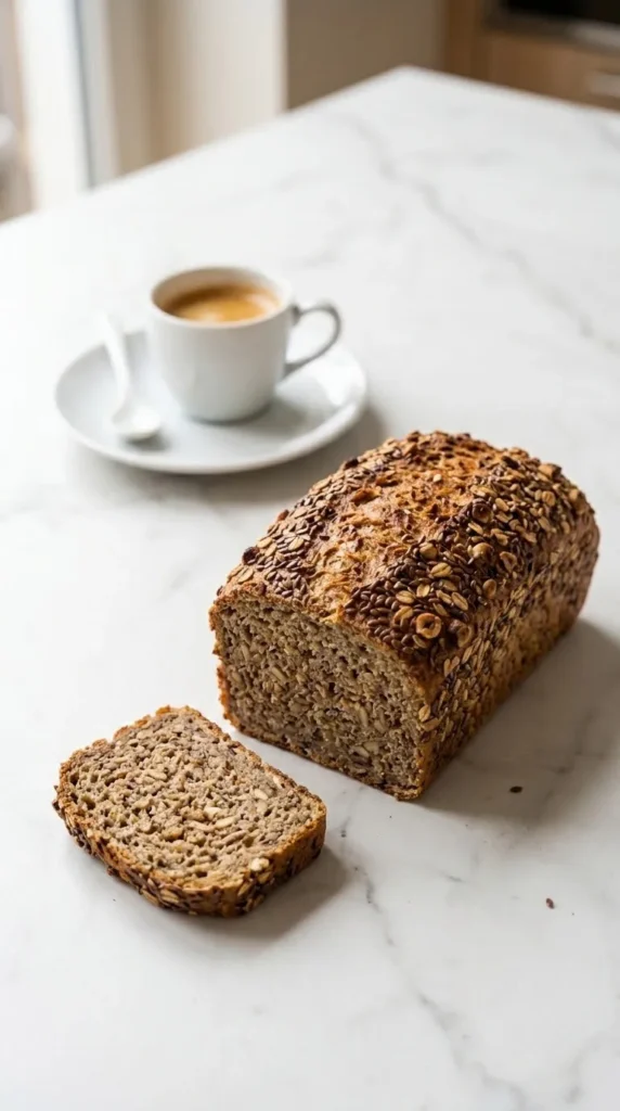 Sechskornbrot serviert mit Espresso — eine perfekt abgeschnittene Brotscheibe zeigt die saftige Krume voller Körner.