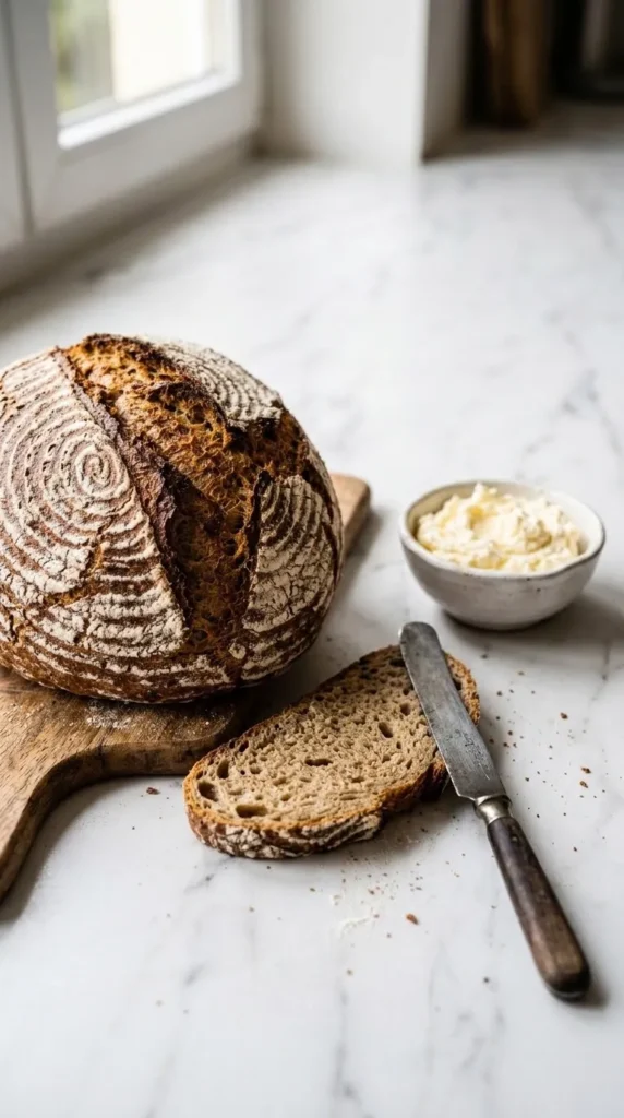 Bauernbrot serviert mit frisch aufgeschlagene gesalzene Butter — aufgeschnittenes, krosses Mischbrot auf weißem Marmor
