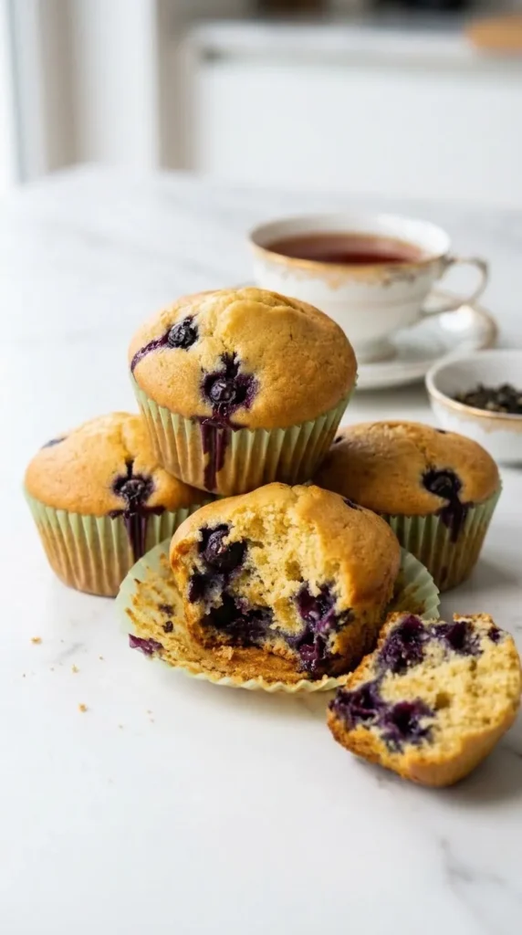 Saftige Blaubeer-Muffins serviert mit Tasse feinen Earl-Grey-Tee — aufgebrochener Muffin mit saftig violetter Krume auf Marmor