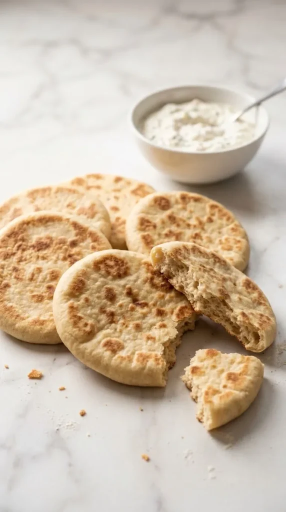 Indisches Naanbrot serviert mit Knoblauchquark — ein aufgebrochener Fladen zeigt die elastische, softe Krume von innen.