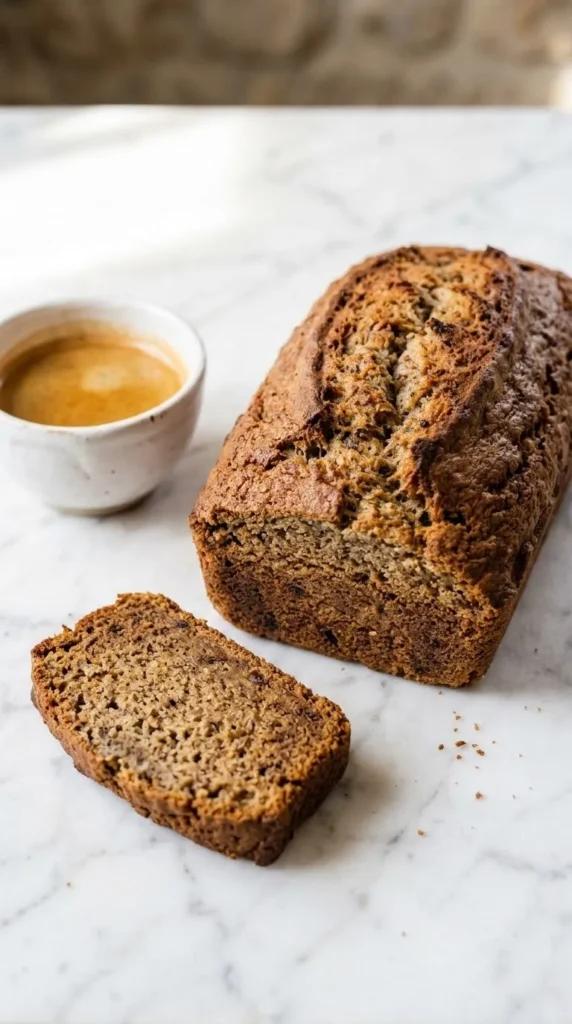 Einfaches Bananenbrot serviert mit Espresso — eine abgeschnittene, extra saftige Kuchenscheibe präsentiert das softe Innere.