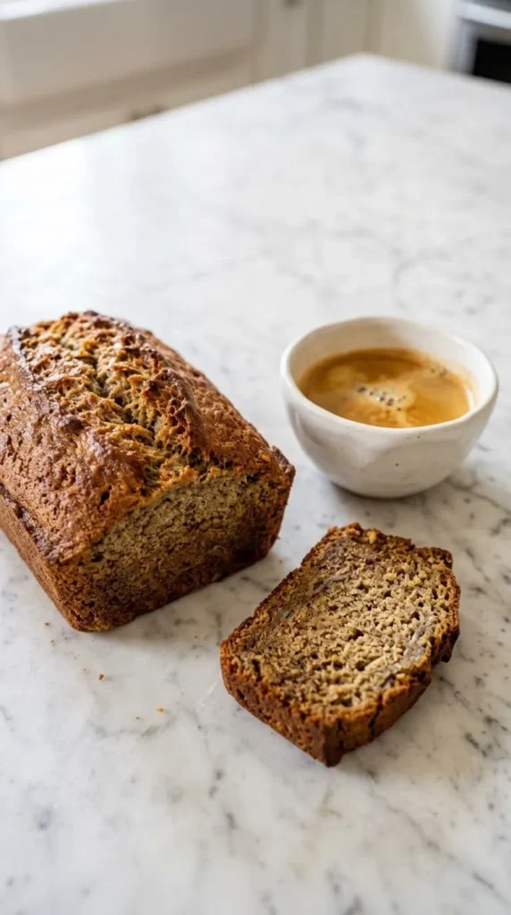 Sauerteig-Bananenbrot serviert mit Espresso — eine abgeschnittene, extra saftige Kuchenscheibe präsentiert das softe Innere.