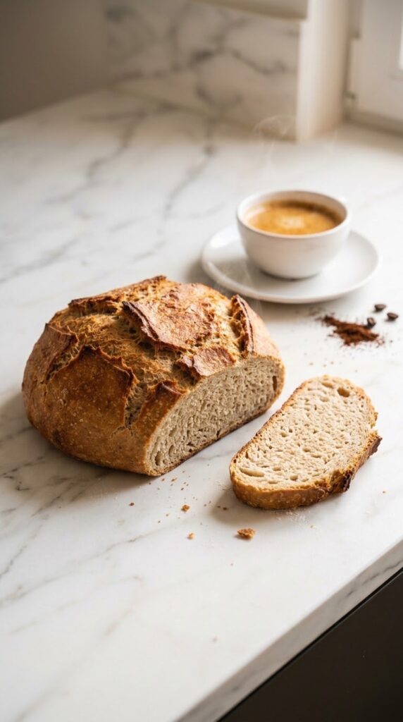 Sauerteig-Roggenmischbrot serviert mit Espresso — eine perfekt abgeschnittene Brotscheibe präsentiert die feuchte, saftige Krume.