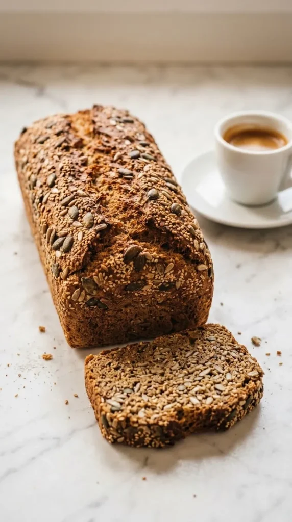 Basisches glutenfreies Brot serviert mit Espresso — eine perfekt abgeschnittene Scheibe zeigt das extra saftige, dichte Innenleben.