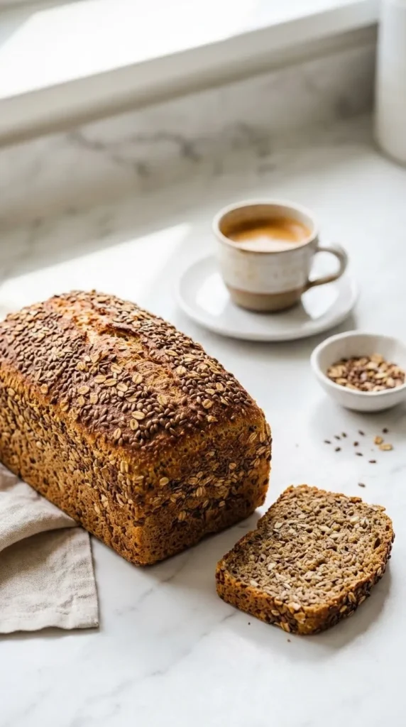 Leinsamenbrot serviert mit Espresso — eine perfekt abgeschnittene Scheibe zeigt das extra saftige, dichte Korngefüge von innen.