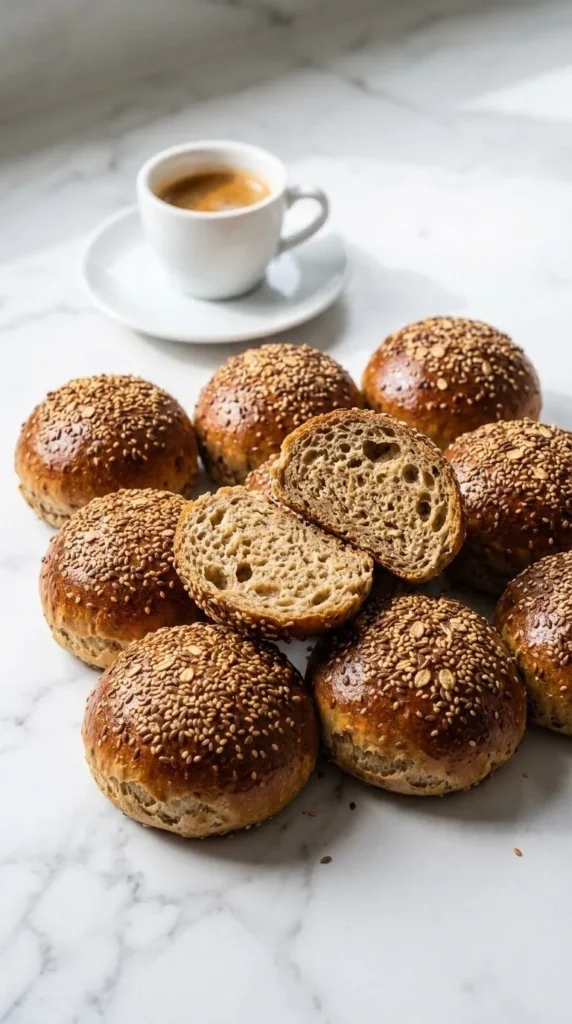 Burger-Buns serviert mit Espresso — ein quer aufgeschnittenes Brötchen präsentiert die watteweiche, feinporige Krume.