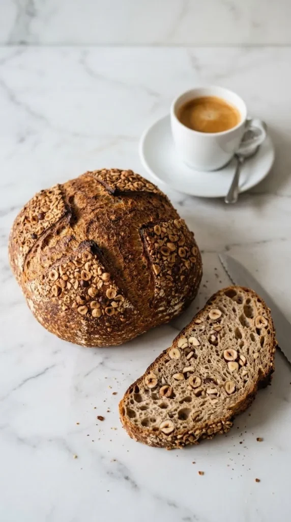 Haselnussbrot serviert mit Espresso — eine perfekt abgeschnittene Brotscheibe zeigt das offene, mit Nüssen gespickte Innenleben.