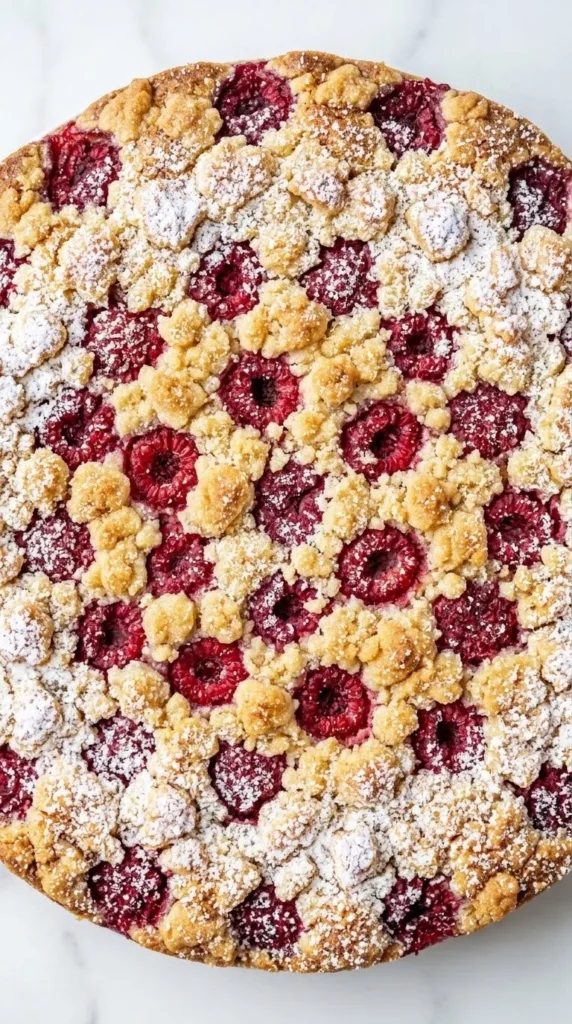 Nahaufnahme von Himbeerkuchen — präzise Struktur der knusprig gebackenen Mandelblättchen und der feinen Zuckerschicht.