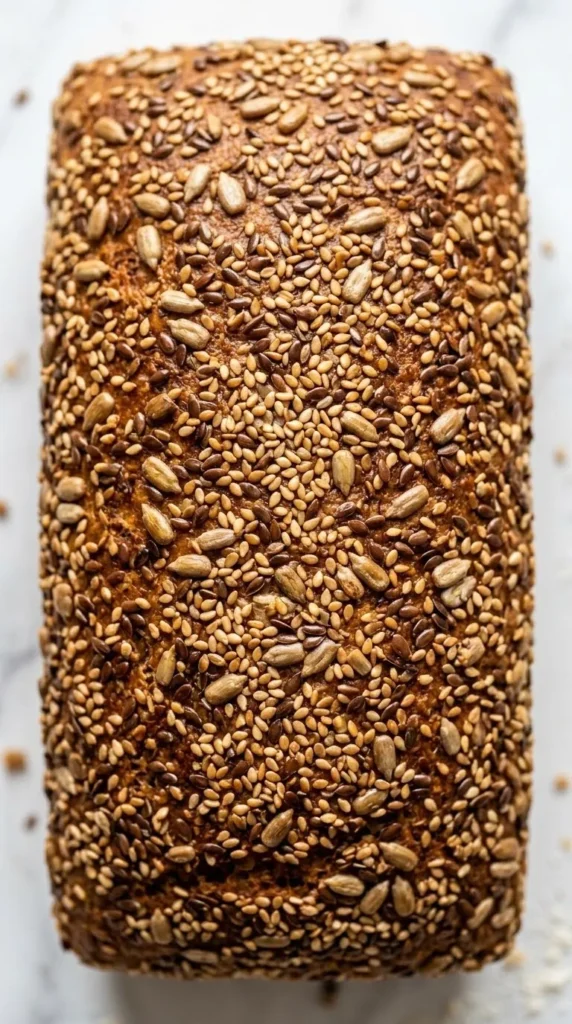 Nahaufnahme von Dinkel-Buchweizen-Brot — detailreiche Struktur der krossen Kruste mit geröstetem Sesam und Sonnenblumenkernen.