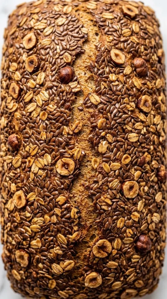 Nahaufnahme von Sechskornbrot — präzise Details der krossen Roggenkruste mit ganzen Körnern und Schrotpartikeln.