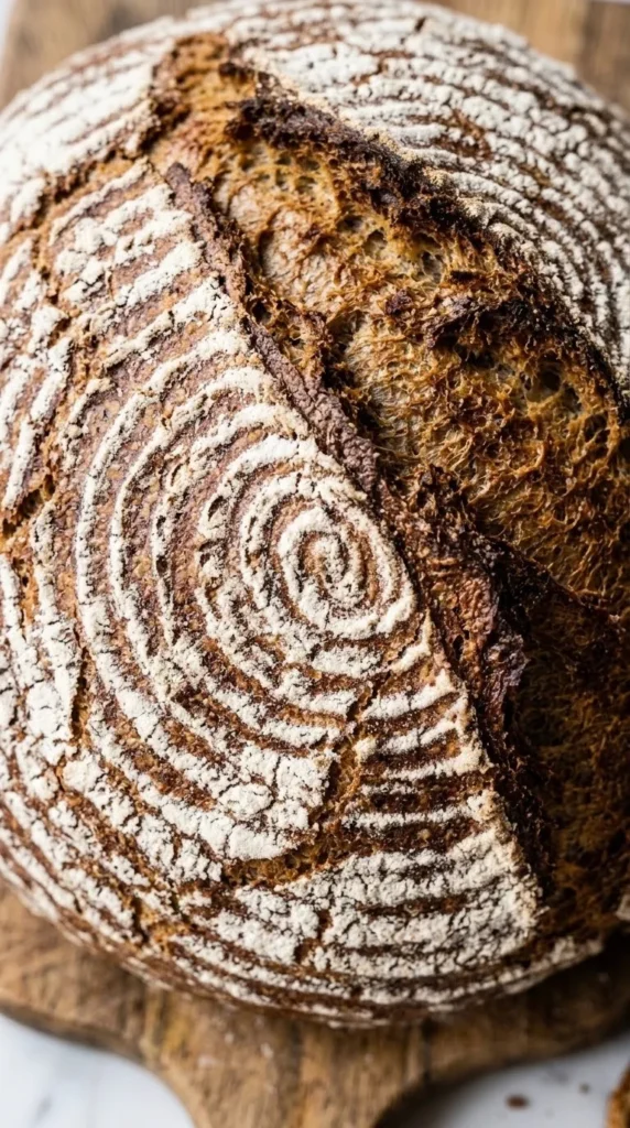 Nahaufnahme von Bauernbrot — Fokus auf die rissige, bemehlte Kruste und das markante Ringmuster des Gärkörbchens