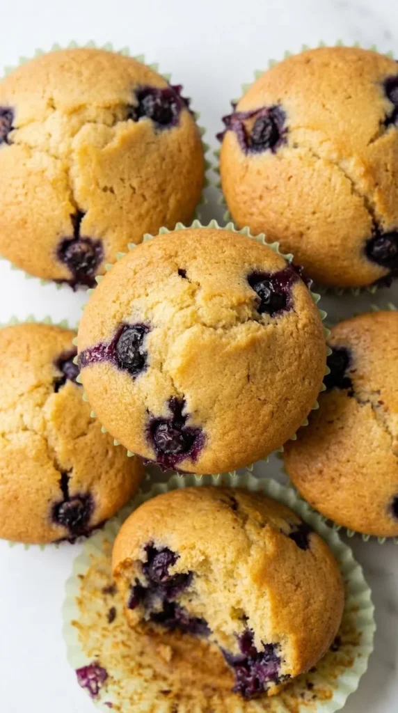 Nahaufnahme von Saftige Blaubeer-Muffins — Blick von oben auf die matte Oberfläche mit aufgeplatzten, saftigen Heidelbeeren