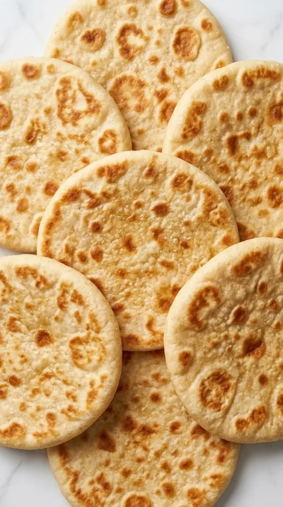Nahaufnahme von indischem Naanbrot — detailreiche Struktur der krossen Fladenbrotkruste mit feinen Röstspuren.