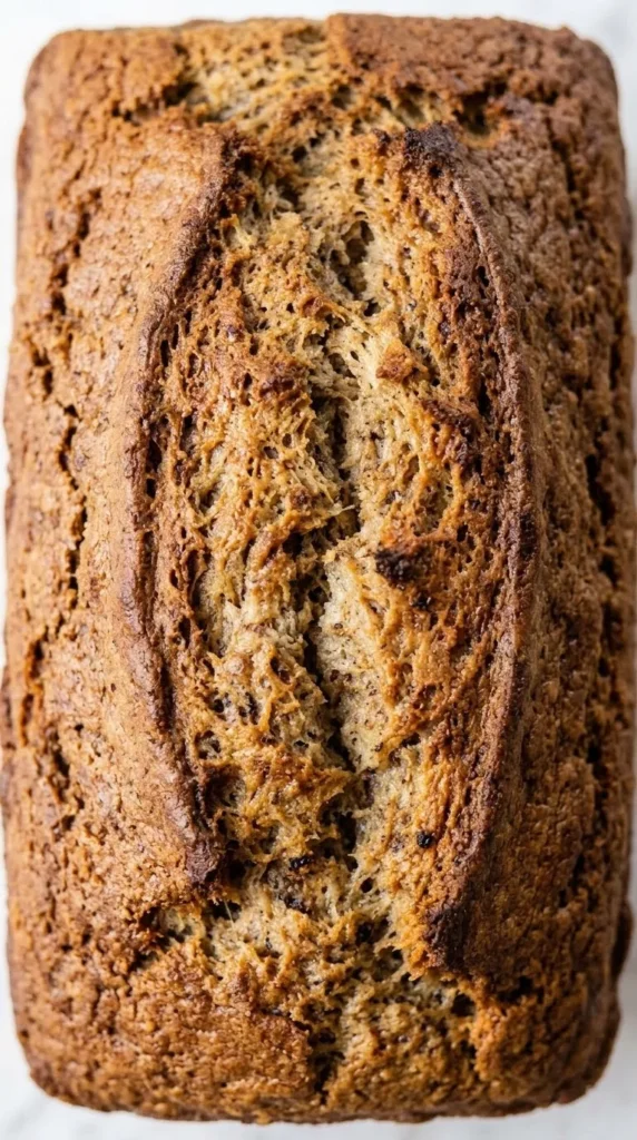 Nahaufnahme von einfachem Bananenbrot — präzise Details der glänzenden, karamellisierten Rührteigkruste und der Gewürze.