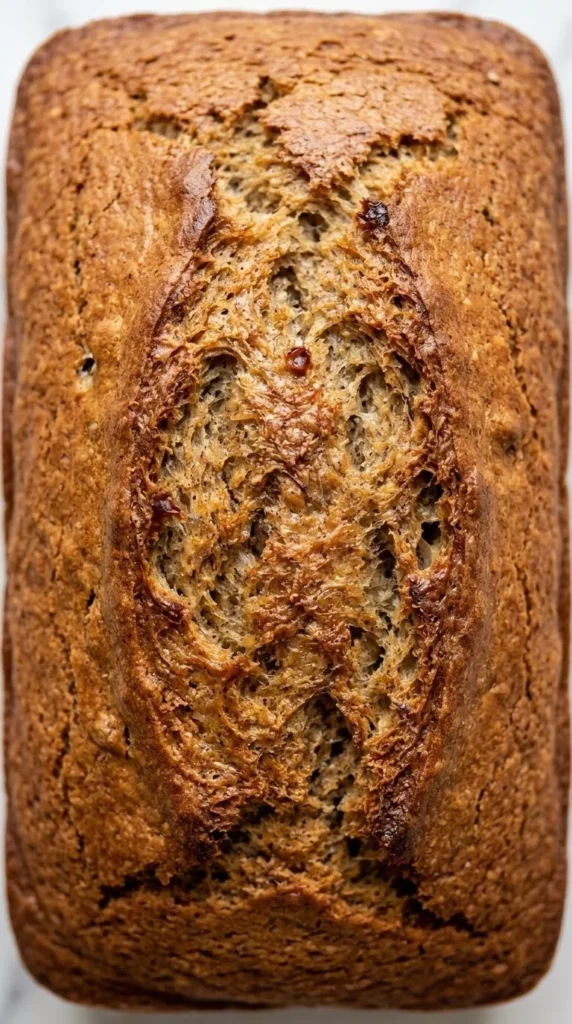 Nahaufnahme von Sauerteig-Bananenbrot — präzise Details der glänzenden, karamellisierten Rührteigkruste und der Gewürze.