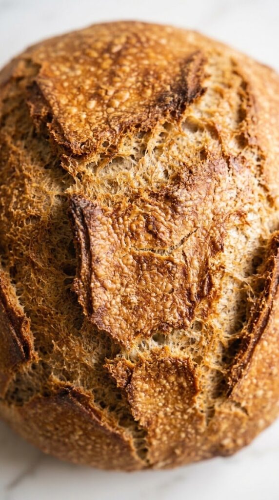 Nahaufnahme von Sauerteig-Roggenmischbrot — präzise Details der krachenden, dunkel-goldbraunen Kruste und der feinen Risse.