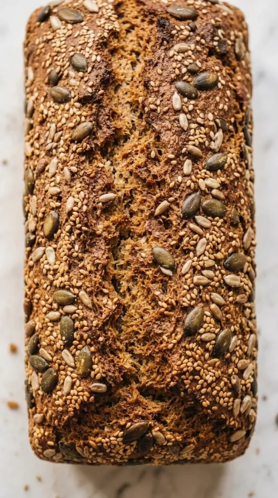 Nahaufnahme von basischem glutenfreiem Brot — detailreiche Struktur der krossen Kruste mit gerösteten Kürbis- und Sonnenblumenkernen.