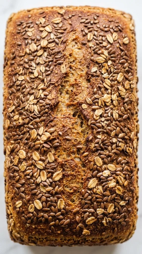 Nahaufnahme von Leinsamenbrot — detailreiche Struktur der krossen Kastenbrotkruste mit gerösteten Leinsamen und Haferflocken.