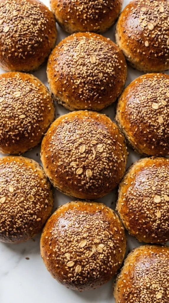Nahaufnahme von Burger-Buns — präzise Details der glänzenden, gebräunten Hefeteigkruste und der gerösteten Sesamsamen.