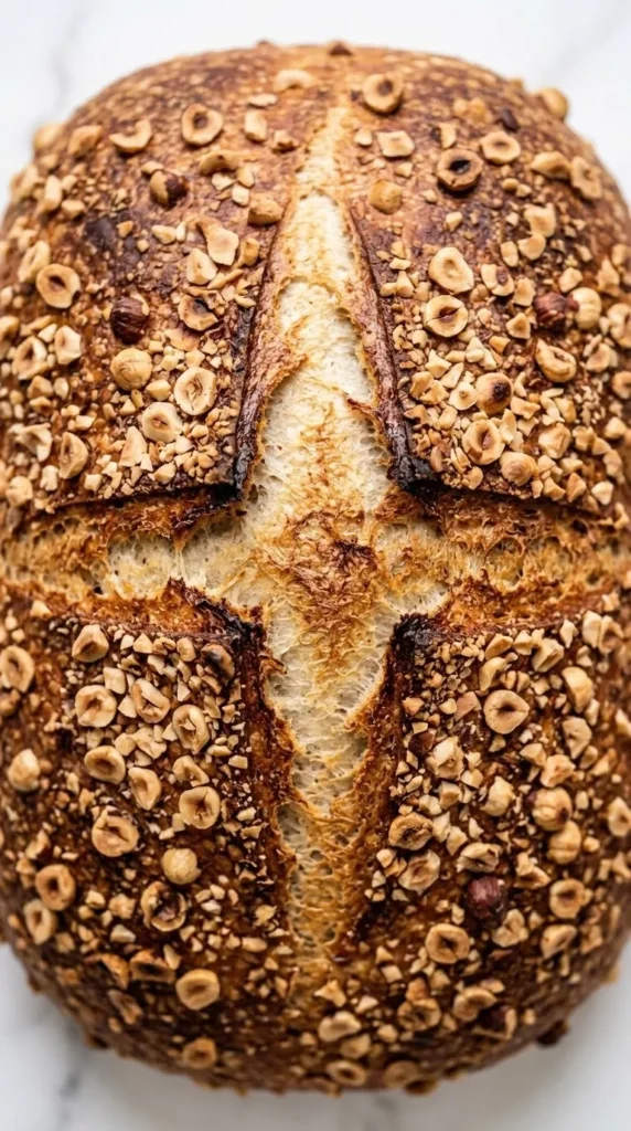 Nahaufnahme von Haselnussbrot — detailreiche Struktur der krossen Kruste mit kreuzförmigem Einschnitt und gerösteten Nüssen.