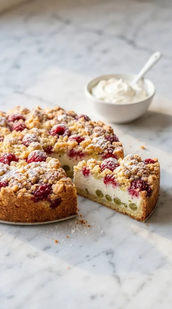 Himbeerkuchen serviert mit Schlagsahne — ein geschnittenes Kuchenstück zeigt den saftigen Teigboden voller Beeren.