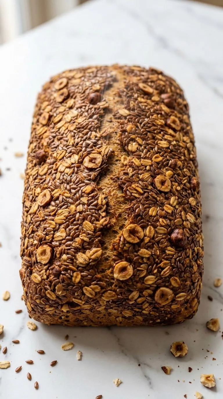 Sechskornbrot frisch gebacken aus der Froschperspektive — plastische, kraftvolle Nahansicht des ehrlichen Landbrotes.