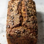Basisches glutenfreies Brot serviert mit Espresso — eine perfekt abgeschnittene Scheibe zeigt das extra saftige, dichte Innenleben.