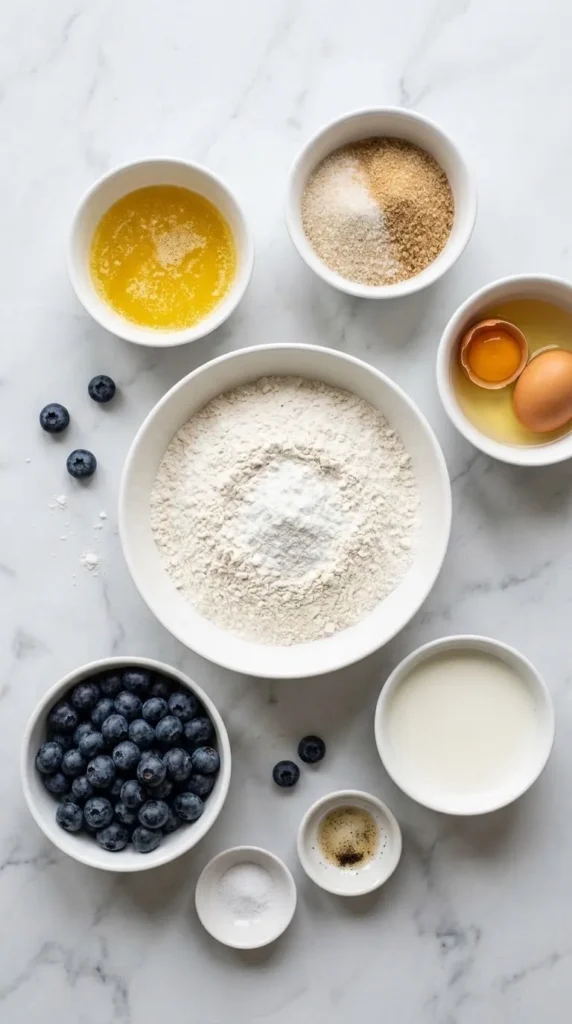 Zutaten für saftige Blaubeer-Muffins: Weizenmehl, geschmolzene Butter, Zucker, Eier, Vollmilch, Vanille und frische Blaubeeren