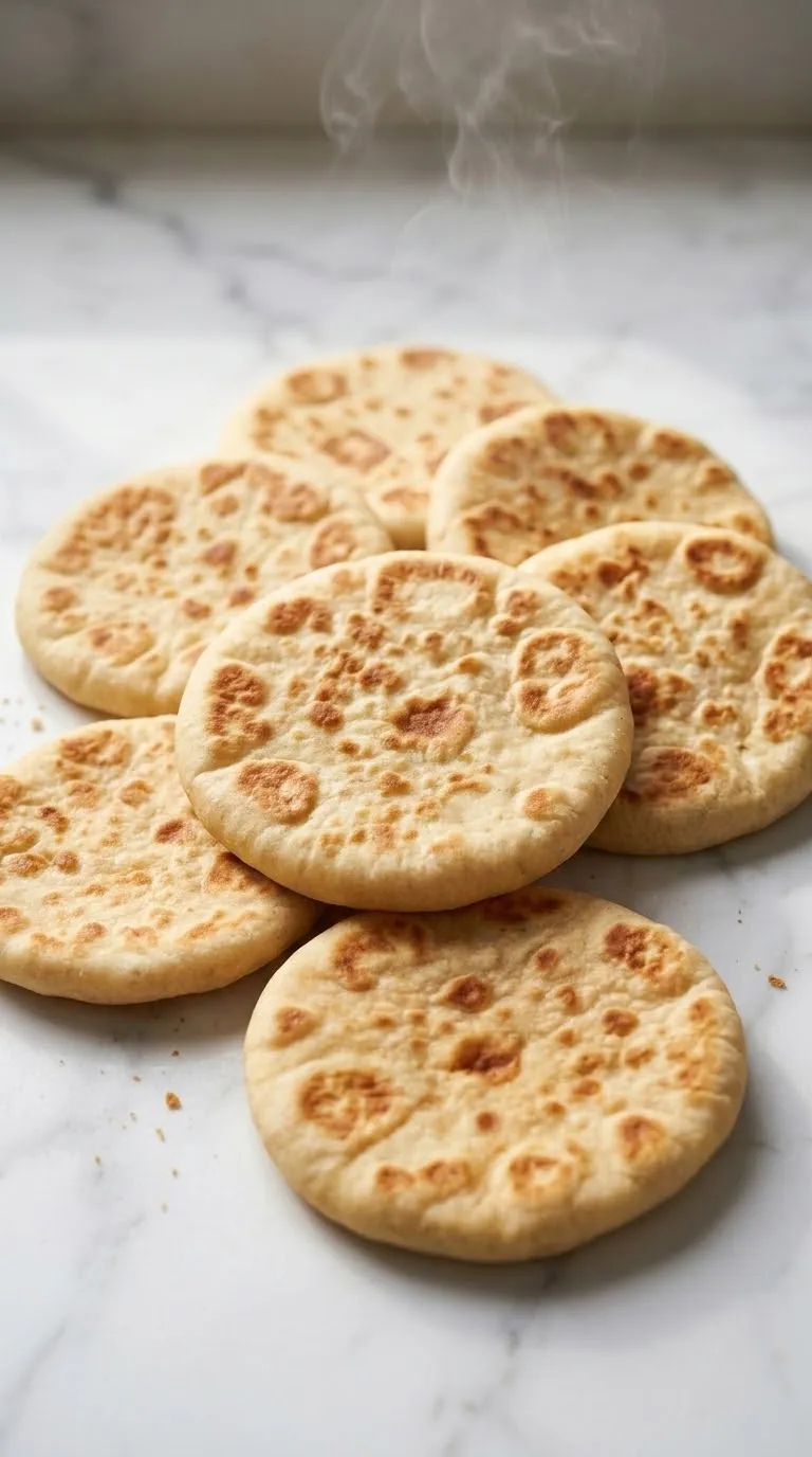 Indisches Naanbrot frisch gebacken aus der Froschperspektive — plastische und ansprechende Nahansicht der warmen Fladen.