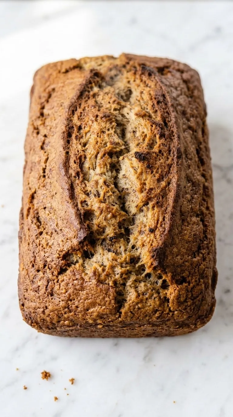 Einfaches Bananenbrot frisch gebacken aus der Froschperspektive — plastische, ansprechende Ansicht des saftigen Rührkuchens.