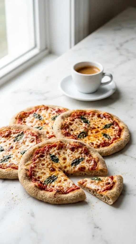 Sauerteig-Pizza serviert mit Espresso — ein abgeschnittenes Pizza-Stück offenbart den luftigen, perfekt ausgebackenen Rand.