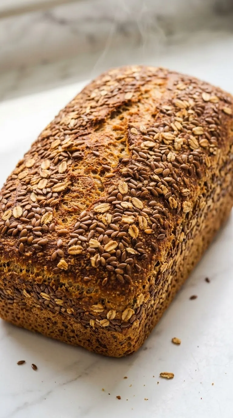 Leinsamenbrot frisch gebacken aus der Froschperspektive — plastische, kraftvolle Nahansicht des ehrlichen Kastenbrotes.