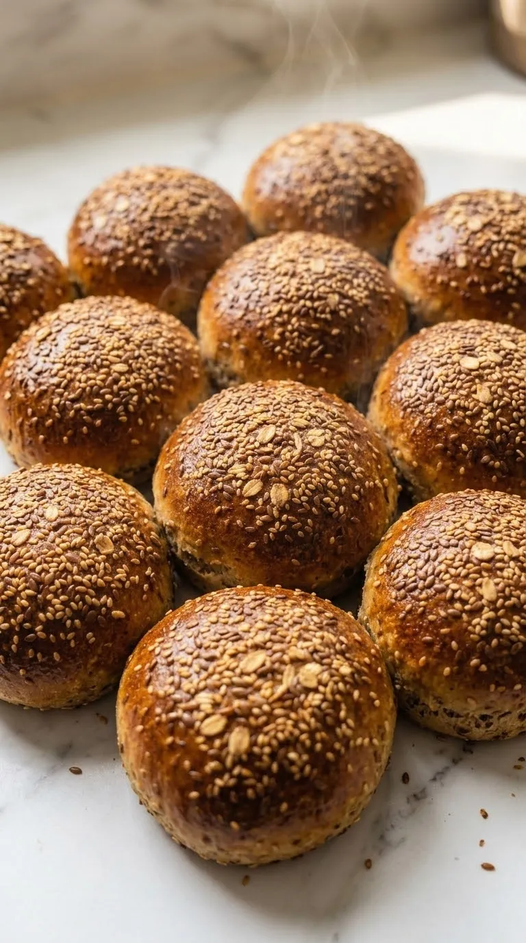 Burger-Buns frisch gebacken aus der Froschperspektive — plastische, extrem ansprechende Nahansicht der runden Brötchen.