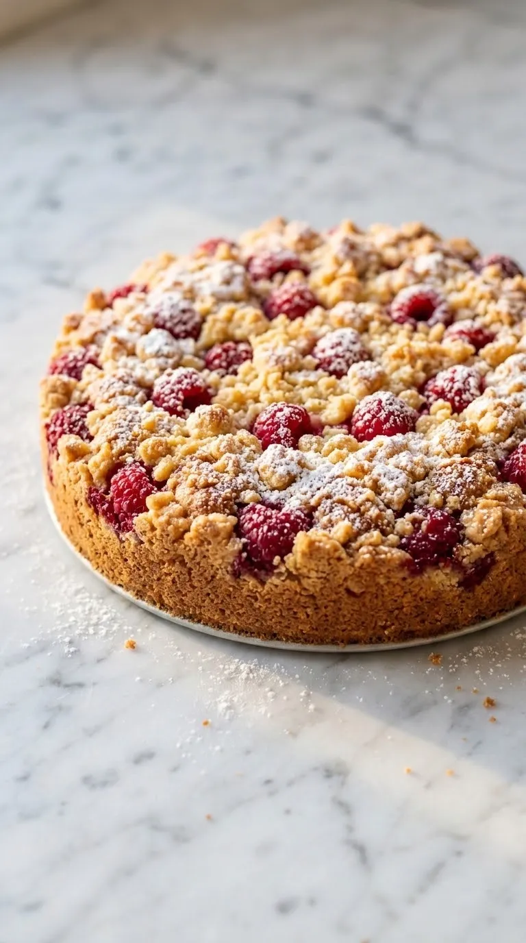 Himbeerkuchen frisch gebacken aus der Froschperspektive — plastische Nahansicht der goldgelb gebackenen Oberfläche.