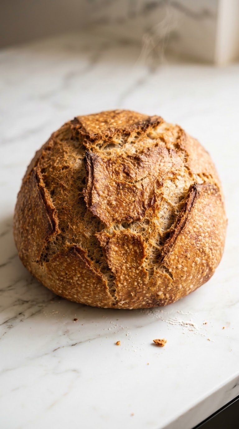 Sauerteig-Roggenmischbrot frisch gebacken aus der Froschperspektive — plastische, kraftvolle Nahansicht des runden Sauerteiglaibs.
