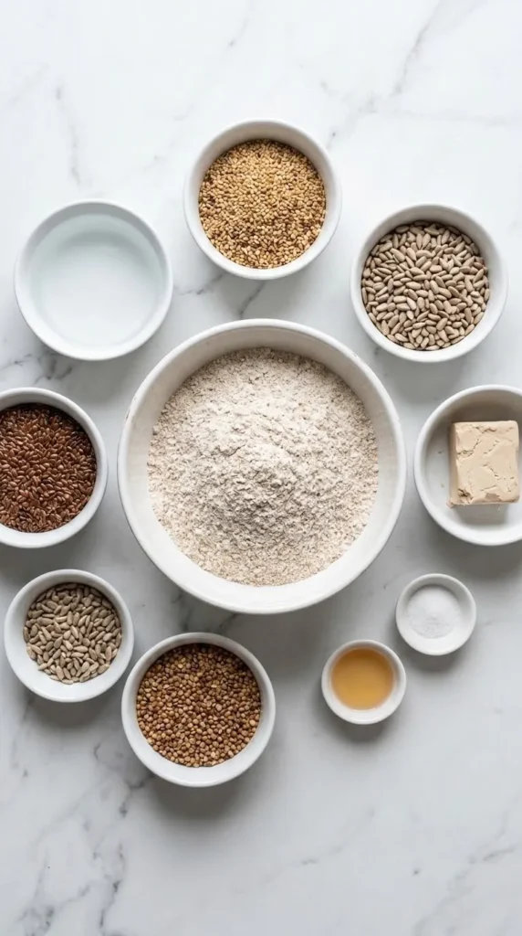 Zutaten für schnelles Dinkel-Buchweizen-Brot: Dinkelmehl, Buchweizenmehl, Leinsamen, Sesam, Sonnenblumenkerne, Hefe und Wasser auf Marmor.