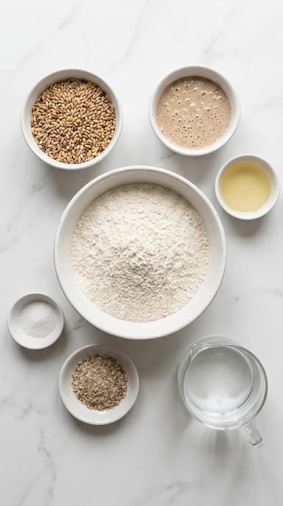 Zutaten für Sechskornbrot mit Sauerteig: Roggenmehl, Weizenmehl, Sechskornmischung, Sauerteig-Anstellgut, Rapsöl, Wasser und Salz.
